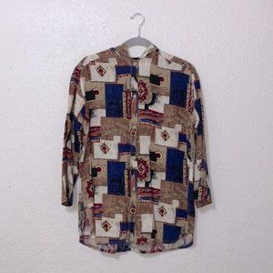 Colorful button up blouse with hood